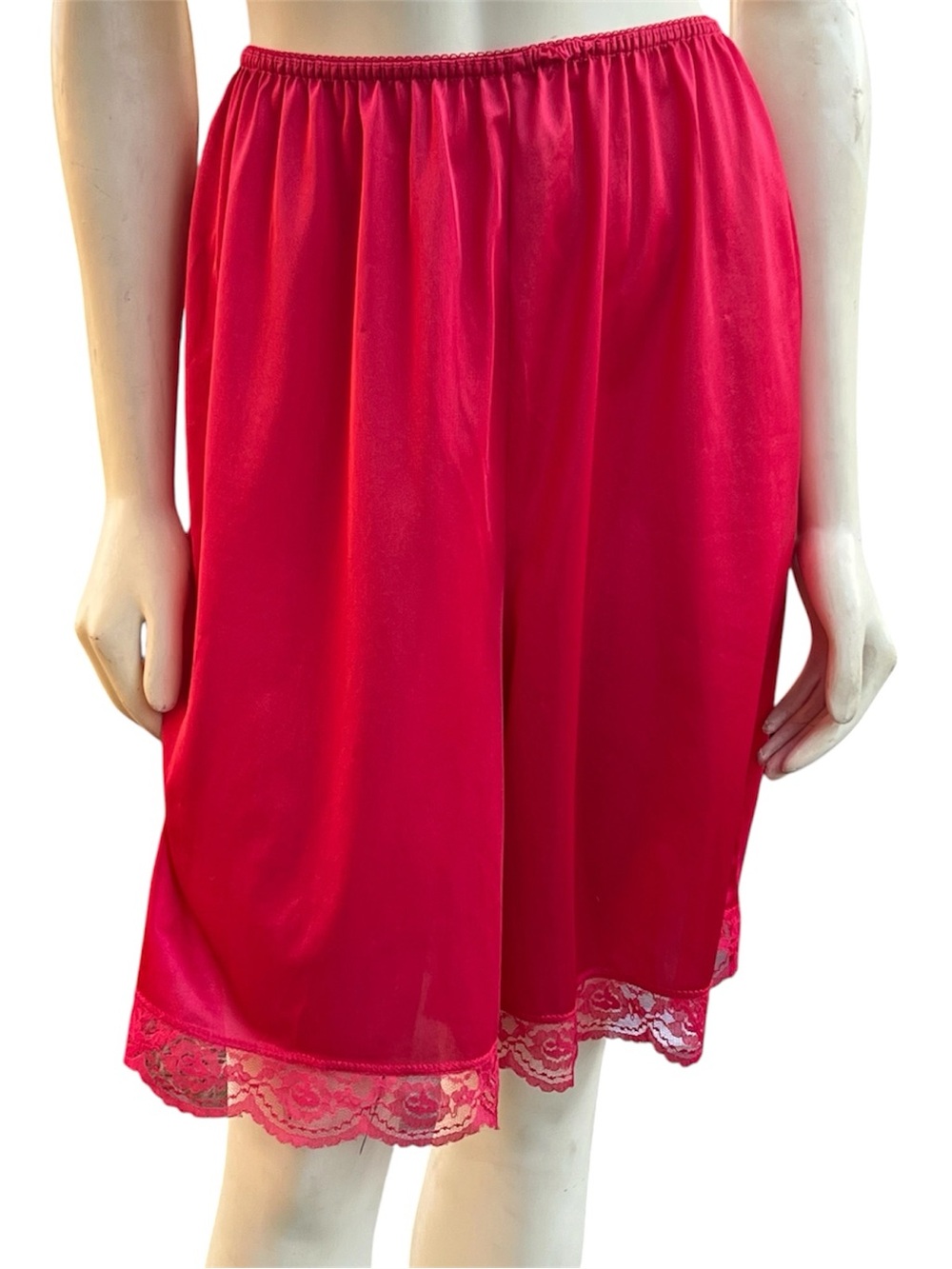 Vintage Red Nylon Slip Skirt Shorts Size Medium with Lace Split Back